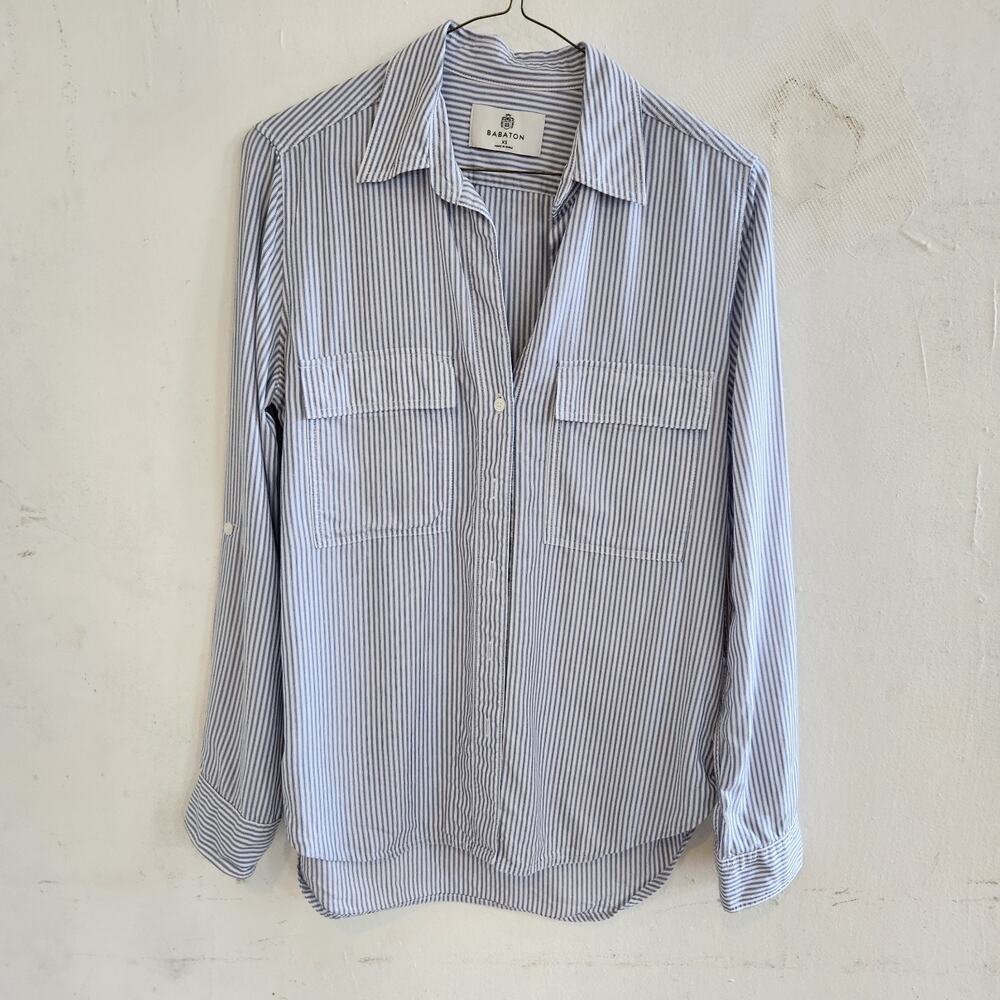 Aritzia Babaton XS Utility 100% Tencel Stripe Button Up Shirt Roll Tab Sleeves - Picture 9 of 9